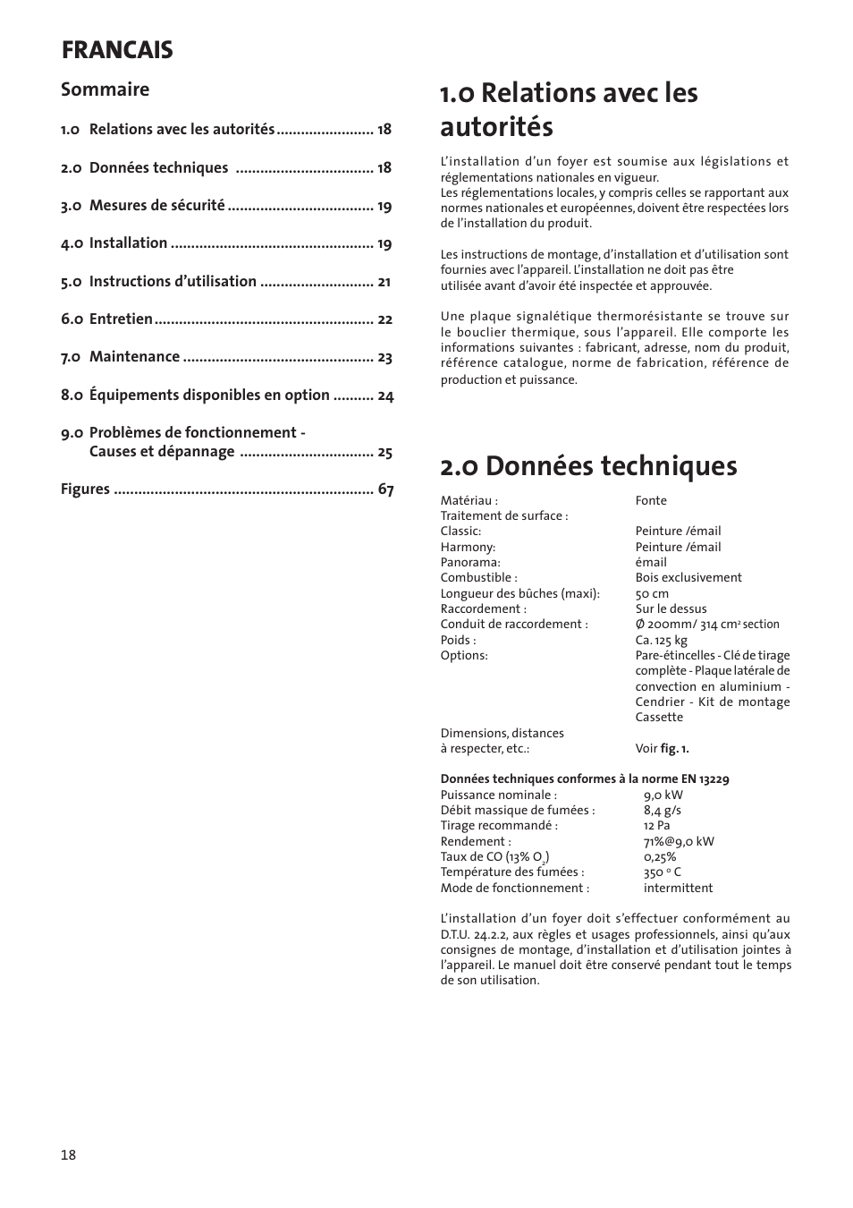 Manuel d’installation et d’utilisation, 0 relations avec les autorités, 0 données techniques | Francais, Sommaire | Jotul I80RH Panorama User Manual | Page 18 / 72