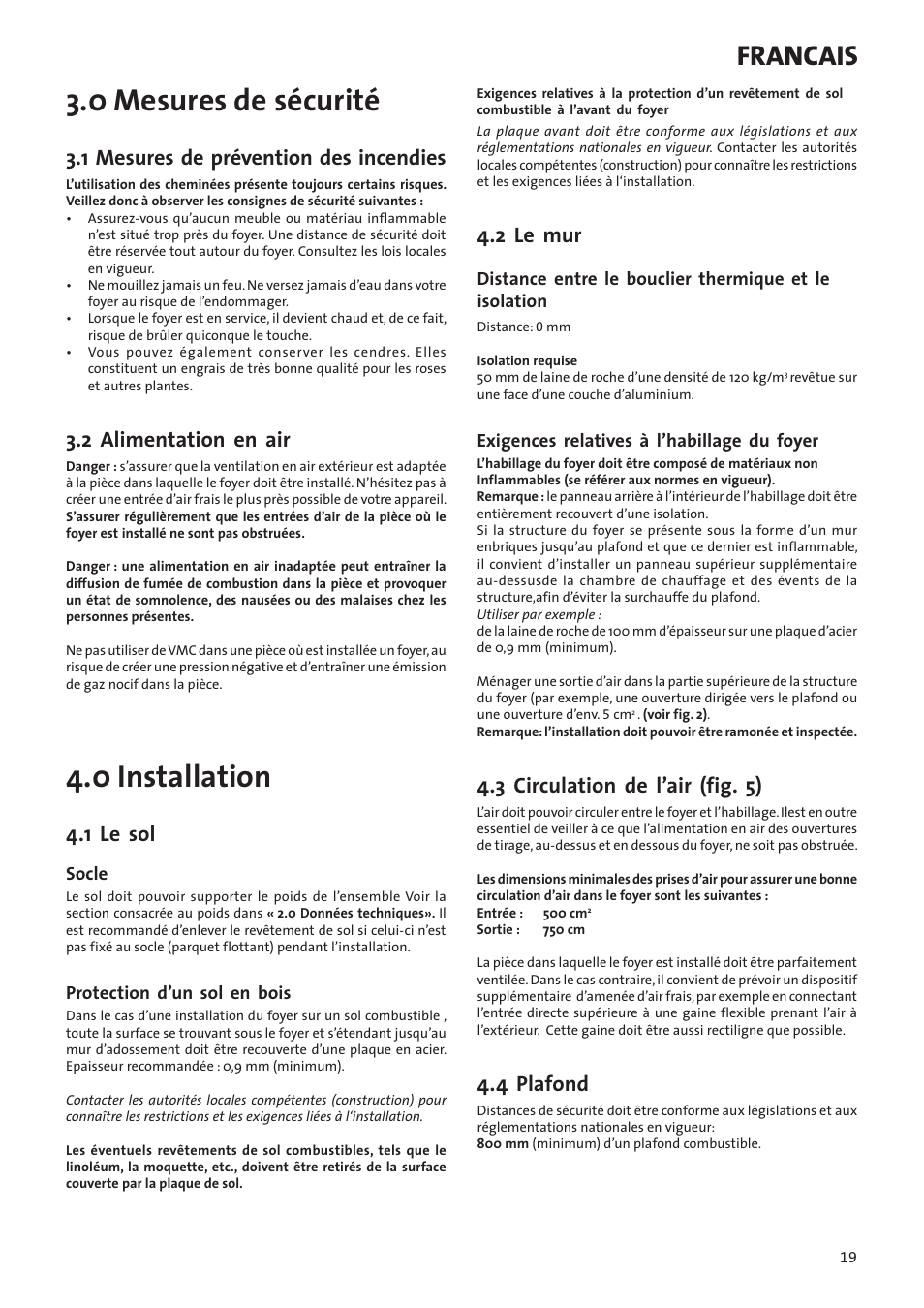 0 mesures de sécurité, 0 installation, Francais | 1 mesures de prévention des incendies, 2 alimentation en air, 1 le sol, 2 le mur, 3 circulation de l’air (fig. 5), 4 plafond | Jotul I80RH Panorama User Manual | Page 19 / 72