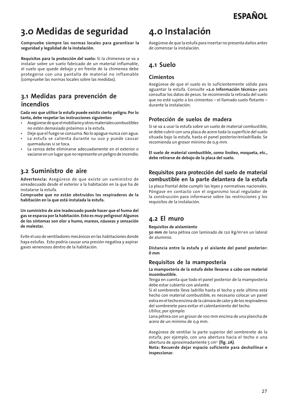 0 medidas de seguridad, 0 instalación, Español | 1 medidas para prevención de incendios, 2 suministro de aire, 1 suelo, 2 el muro | Jotul I80RH Panorama User Manual | Page 27 / 72