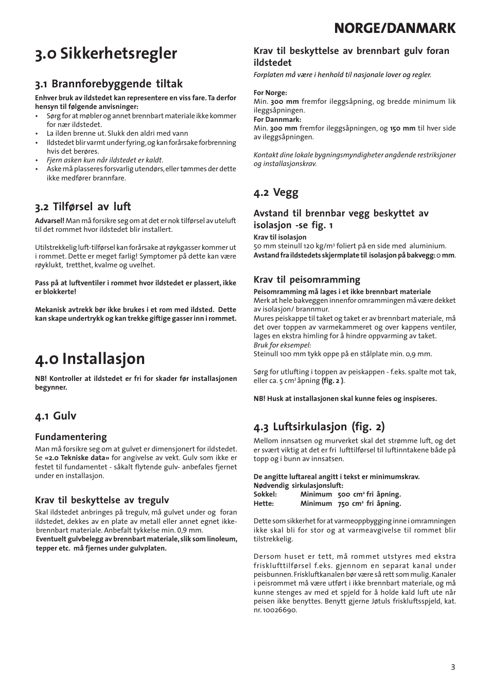 0 sikkerhetsregler, 0 installasjon, Norge/danmark | 1 brannforebyggende tiltak, 2 tilførsel av luft, 1 gulv, 2 vegg, 3 luftsirkulasjon (fig. 2) | Jotul I80RH Panorama User Manual | Page 3 / 72