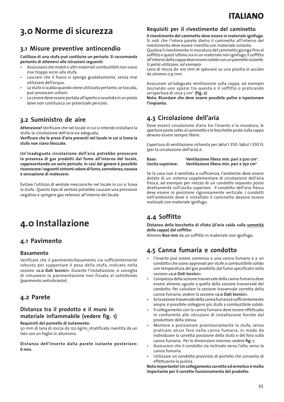 0 norme di sicurezza, 0 installazione, Italiano | 1 misure preventive antincendio, 2 suministro de aire, 1 pavimento, 2 parete, 3 circolazione dell’aria, 4 soffitto, 5 canna fumaria e condotto | Jotul I80RH Panorama User Manual | Page 35 / 72