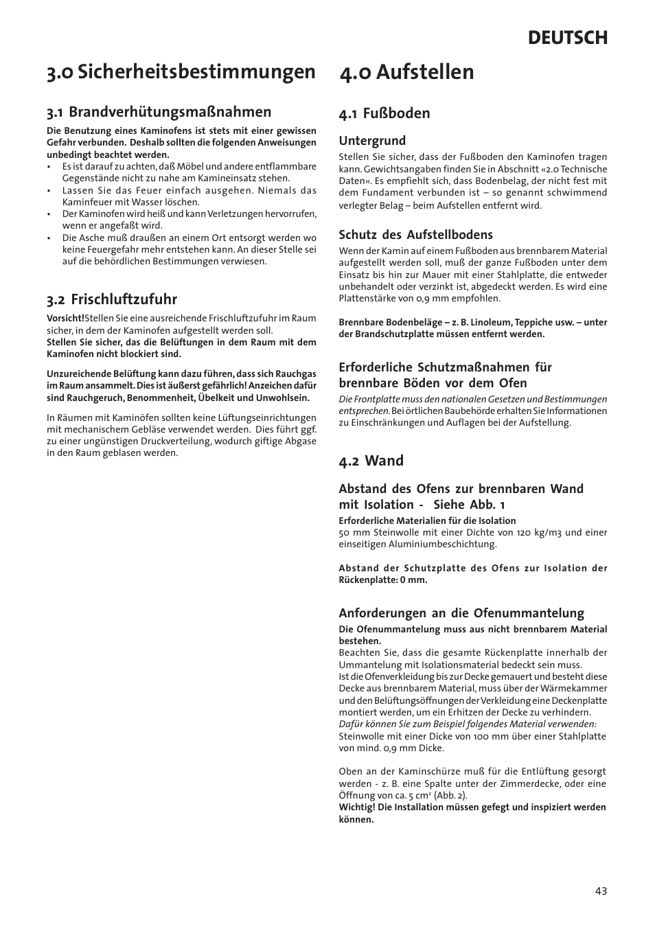 0 aufstellen, 0 sicherheitsbestimmungen, Deutsch | 1 brandverhütungsmaßnahmen, 2 frischluftzufuhr, 1 fußboden, 2 wand | Jotul I80RH Panorama User Manual | Page 43 / 72