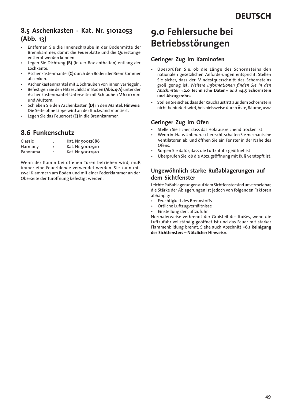 0 fehlersuche bei betriebsstörungen, Deutsch, 6 funkenschutz | Jotul I80RH Panorama User Manual | Page 49 / 72