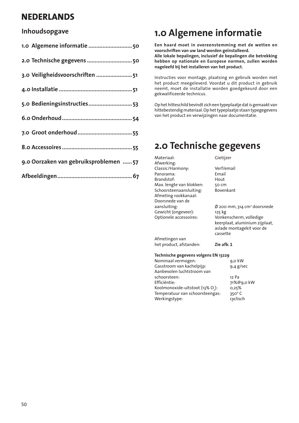 Installatie- en montagehandleiding, 0 algemene informatie, 0 technische gegevens | Nederlands, Inhoudsopgave | Jotul I80RH Panorama User Manual | Page 50 / 72