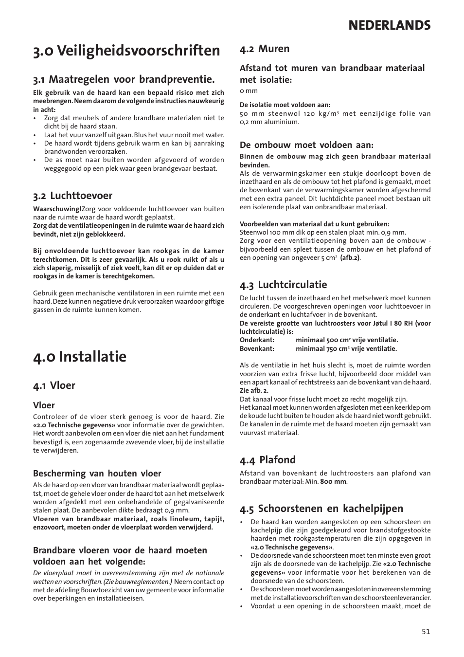 0 veiligheidsvoorschriften, 0 installatie, Nederlands | 1 maatregelen voor brandpreventie, 2 luchttoevoer, 1 vloer, 2 muren, 3 luchtcirculatie, 4 plafond, 5 schoorstenen en kachelpijpen | Jotul I80RH Panorama User Manual | Page 51 / 72
