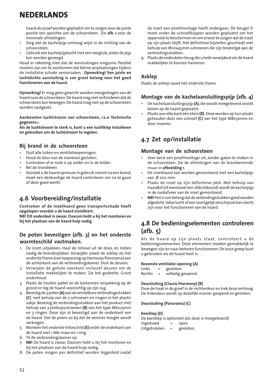 Nederlands, 6 voorbereiding/installatie, 7 zet op/installatie | 8 de bedieningselementen controleren (afb. 5), Bij brand in de schoorsteen, Asklep, Montage van de kachelaansluitingspijp (afb. 4), Montage van de schoorsteen | Jotul I80RH Panorama User Manual | Page 52 / 72