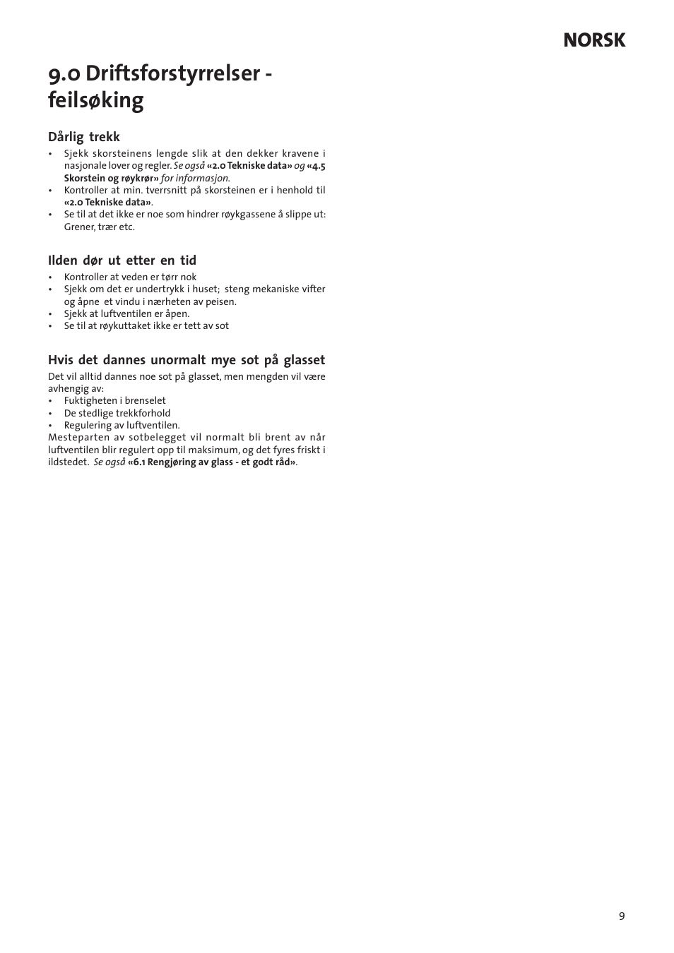 0 driftsforstyrrelser - feilsøking, Norsk | Jotul I80RH Panorama User Manual | Page 9 / 72