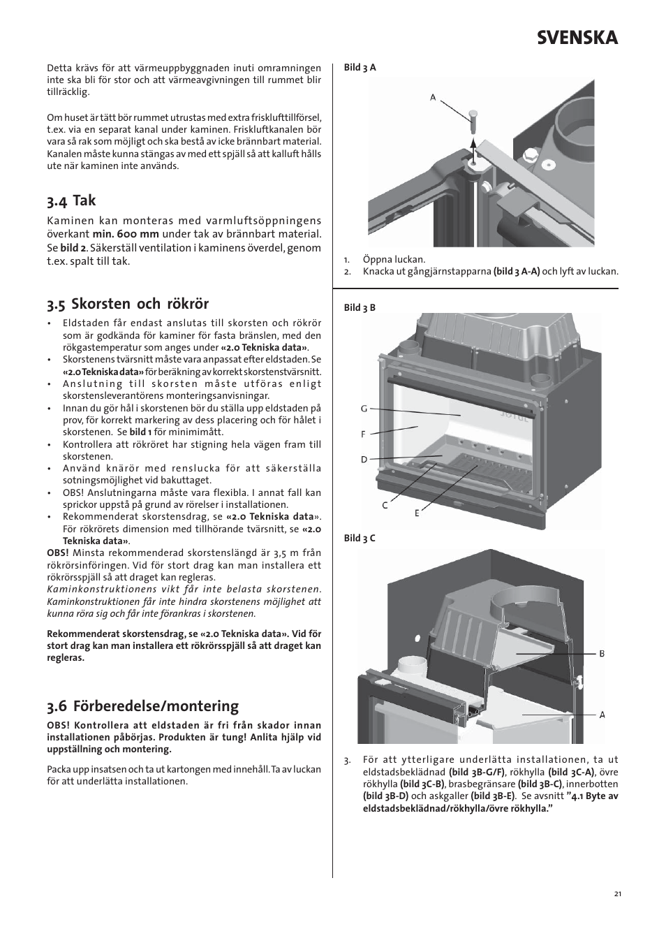 Svenska, 4 tak, 5 skorsten och rökrör | 6 förberedelse/montering | Jotul I570 User Manual | Page 21 / 88