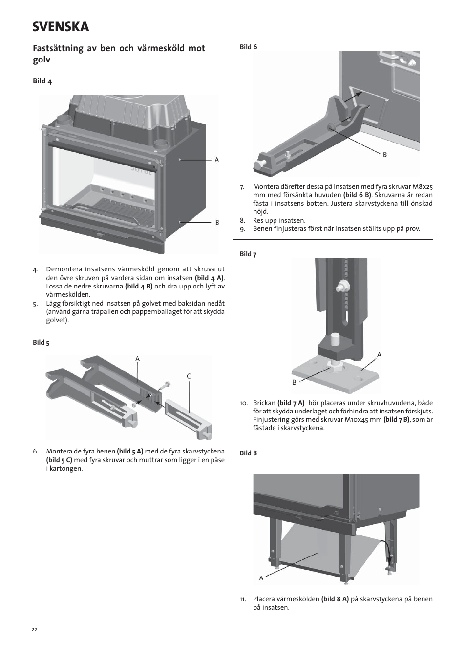 Svenska, Fastsättning av ben och värmesköld mot golv | Jotul I570 User Manual | Page 22 / 88