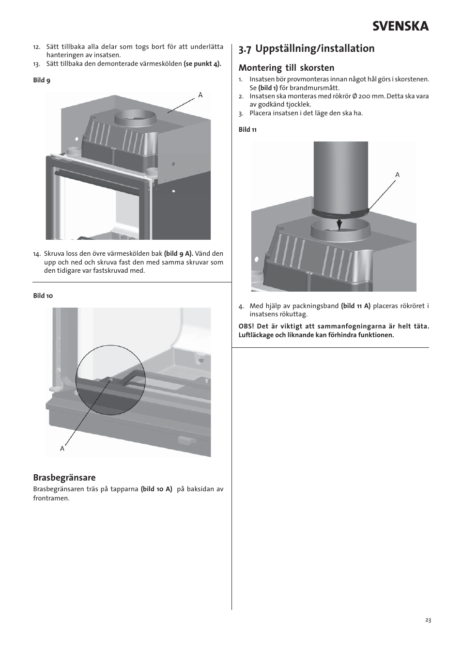 Svenska, 7 uppställning/installation, Brasbegränsare | Montering till skorsten | Jotul I570 User Manual | Page 23 / 88