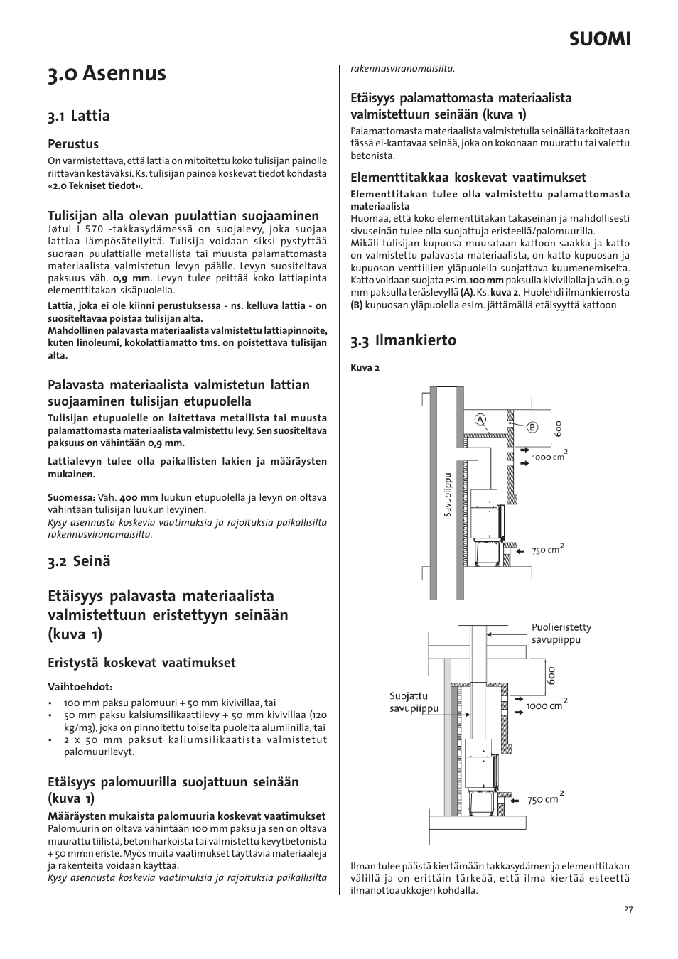 0 asennus, Suomi, 1 lattia | 3 ilmankierto | Jotul I570 User Manual | Page 27 / 88