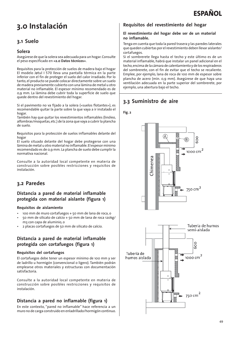 0 instalación, Español, 1 suelo | 2 paredes, 3 suministro de aire | Jotul I570 User Manual | Page 49 / 88