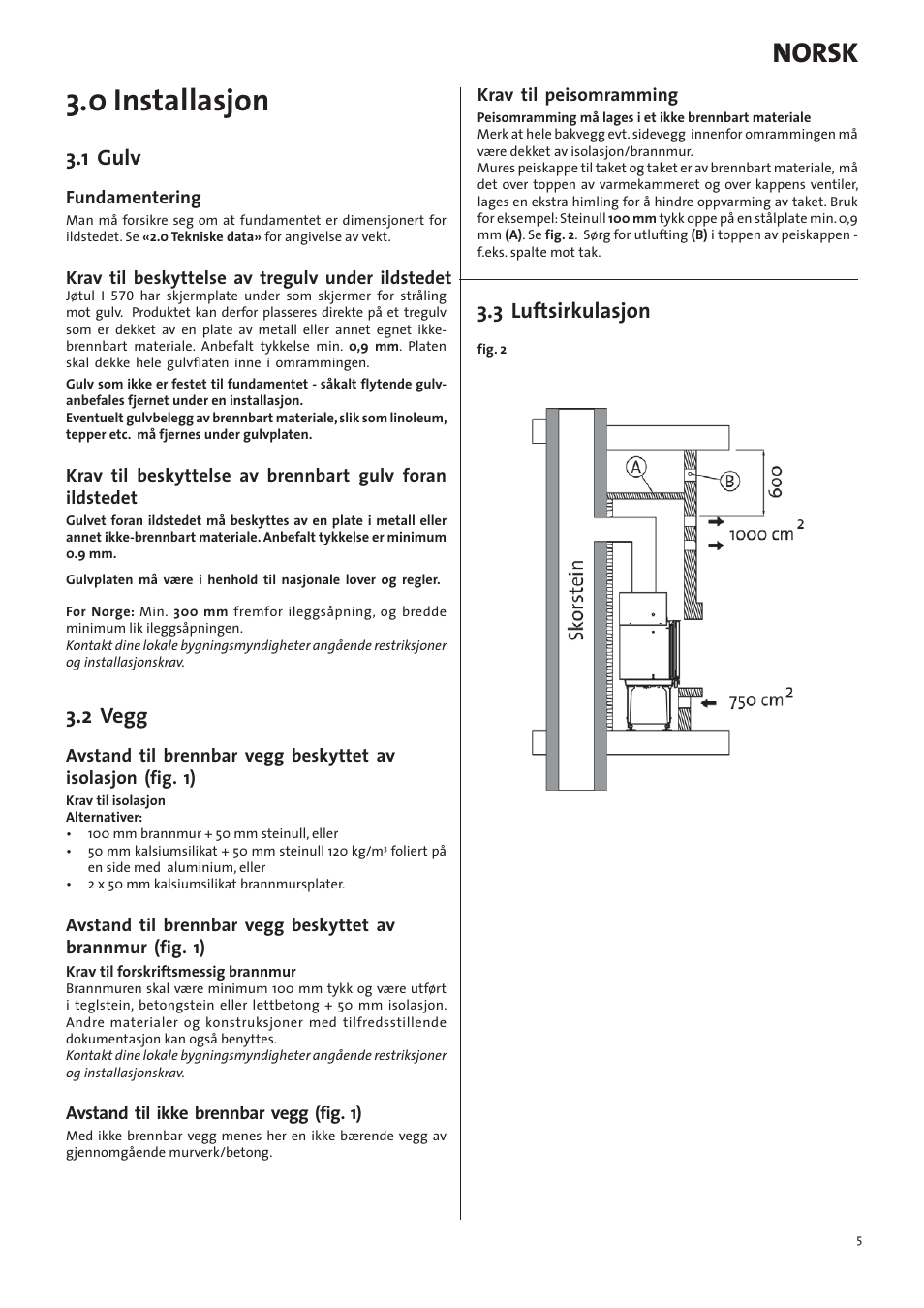 0 installasjon, Norsk, 1 gulv | 2 vegg, 3 luftsirkulasjon | Jotul I570 User Manual | Page 5 / 88