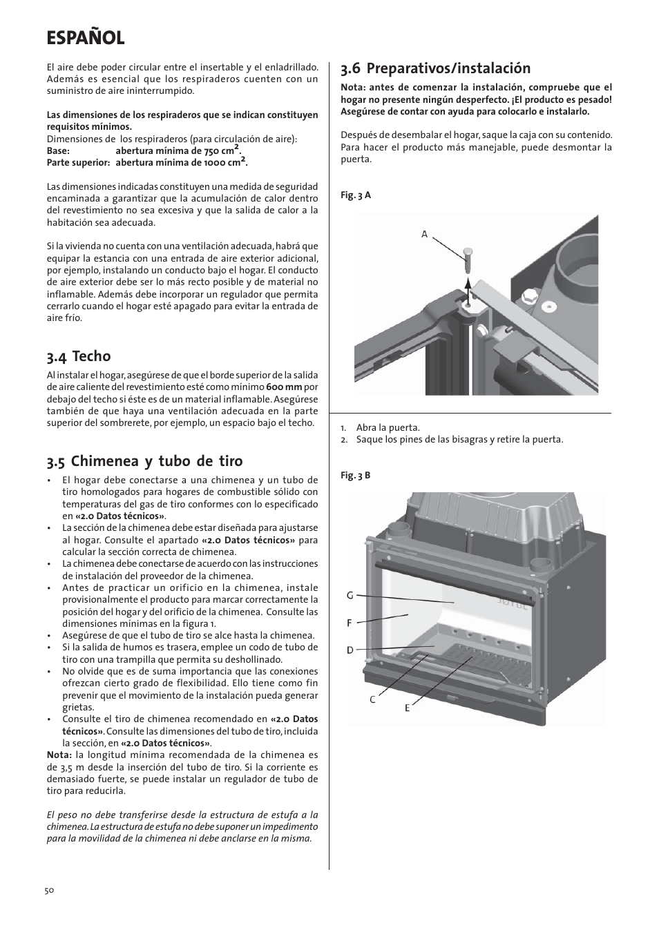 Español, 4 techo, 5 chimenea y tubo de tiro | 6 preparativos/instalación | Jotul I570 User Manual | Page 50 / 88