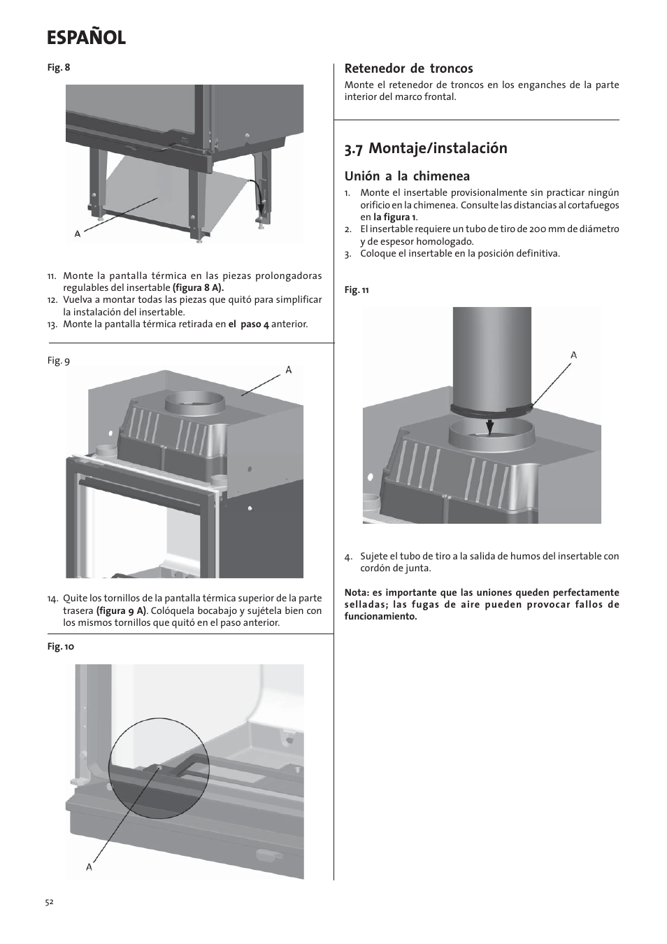 Español, 7 montaje/instalación, Retenedor de troncos | Unión a la chimenea | Jotul I570 User Manual | Page 52 / 88