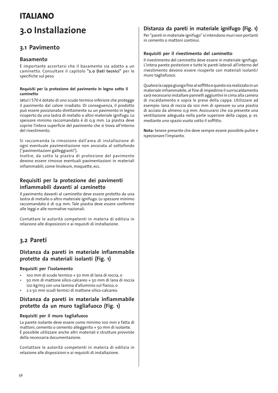 0 installazione, Italiano, 1 pavimento | 2 pareti | Jotul I570 User Manual | Page 56 / 88