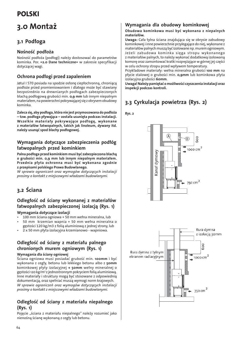 0 montaż, Polski, 1 podłoga | 2 ściana, 3 cyrkulacja powietrza (rys. 2) | Jotul I570 User Manual | Page 64 / 88