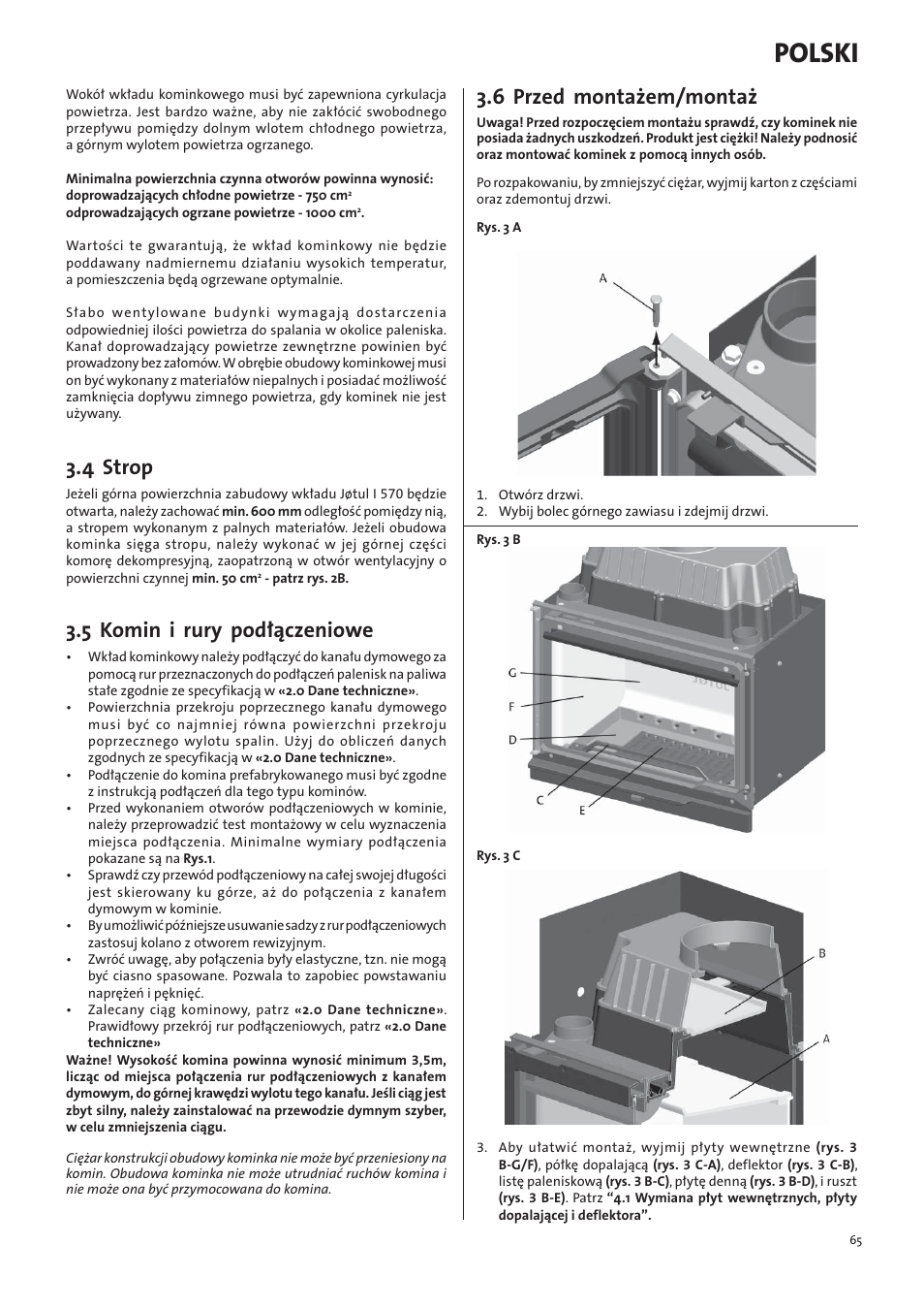 Polski, 4 strop, 5 komin i rury podłączeniowe | 6 przed montażem/montaż | Jotul I570 User Manual | Page 65 / 88