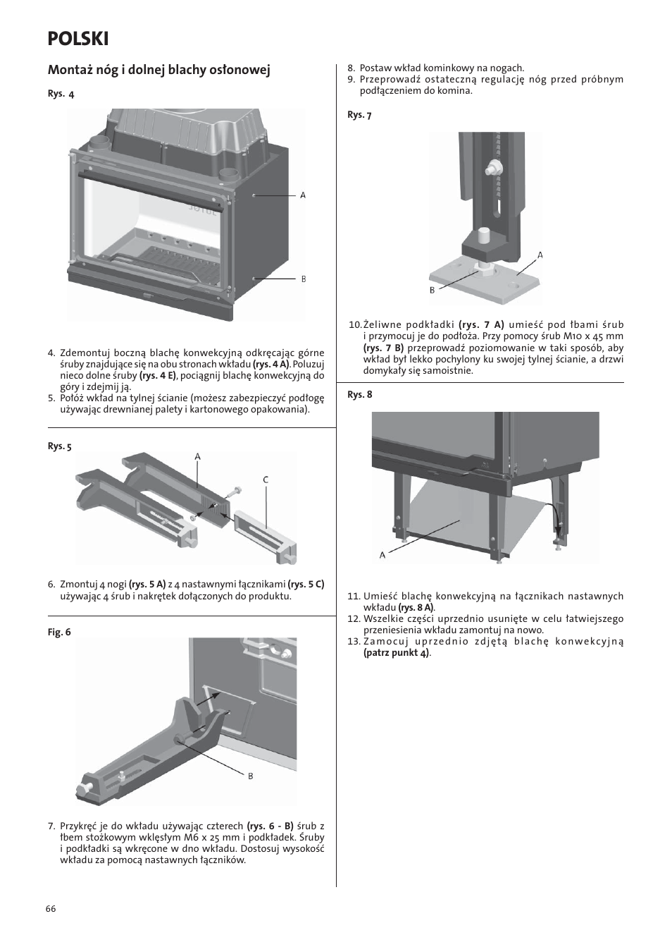 Polski, Montaż nóg i dolnej blachy osłonowej | Jotul I570 User Manual | Page 66 / 88