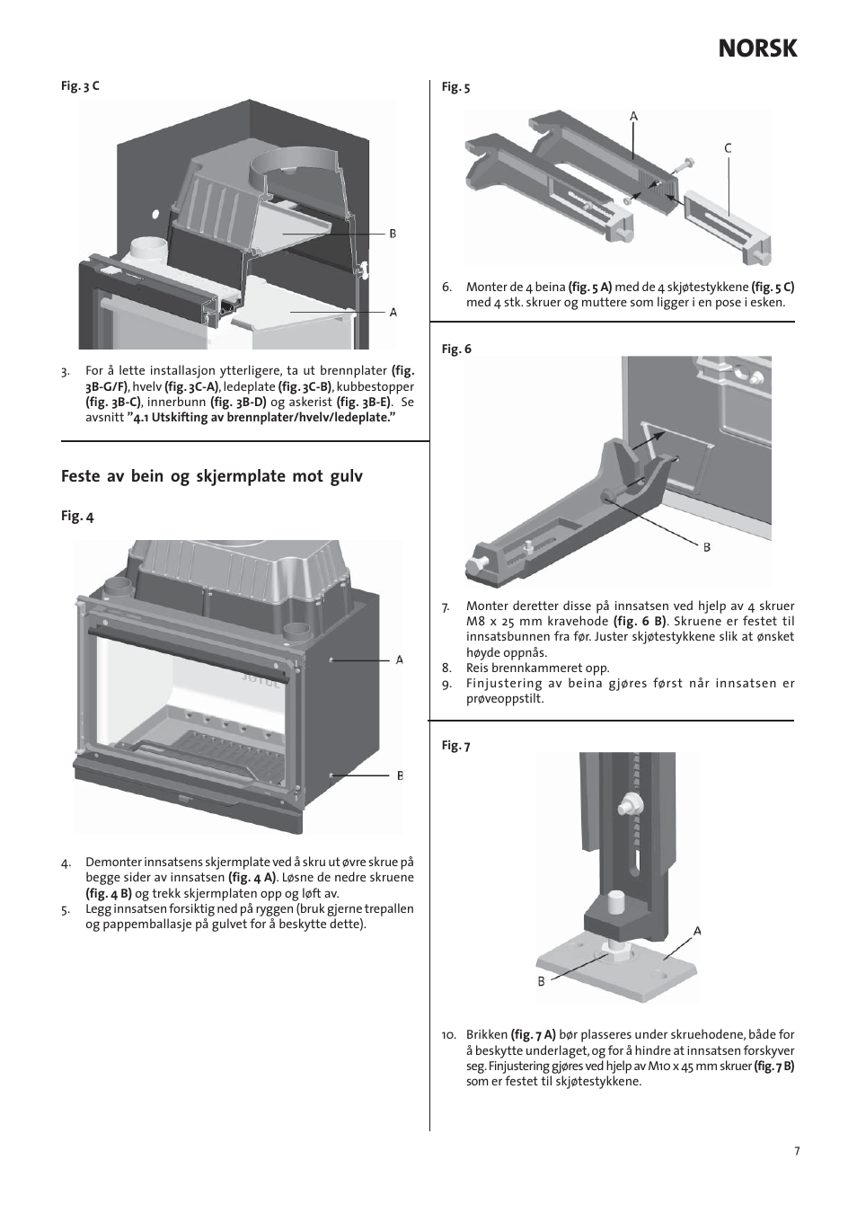 Norsk, Feste av bein og skjermplate mot gulv | Jotul I570 User Manual | Page 7 / 88