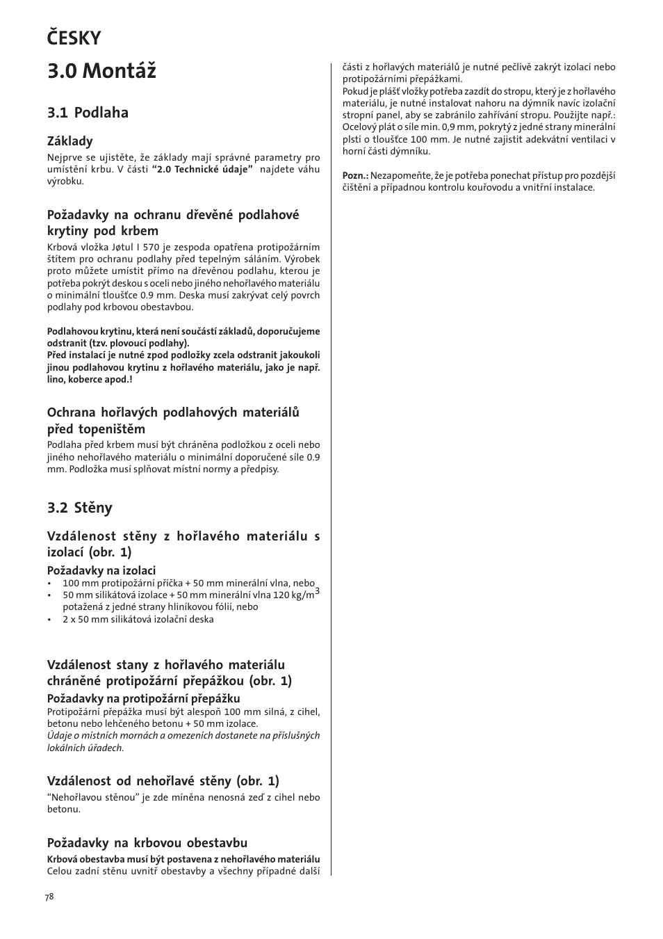0 montáž, Česky, 1 podlaha | 2 stěny | Jotul I570 User Manual | Page 78 / 88