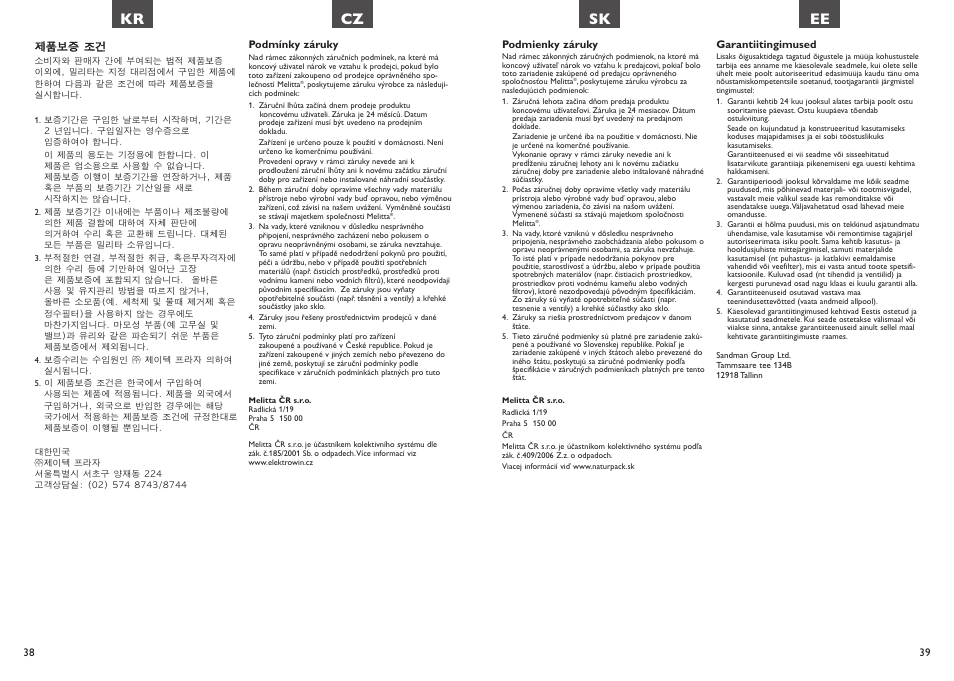 Sk ee, Kr cz | Melitta Look Aqua User Manual | Page 20 / 23