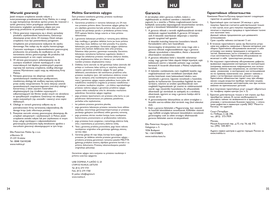 Hu ru, Pl lt, Garancia | Melitta Look Aqua vario User Manual | Page 18 / 22