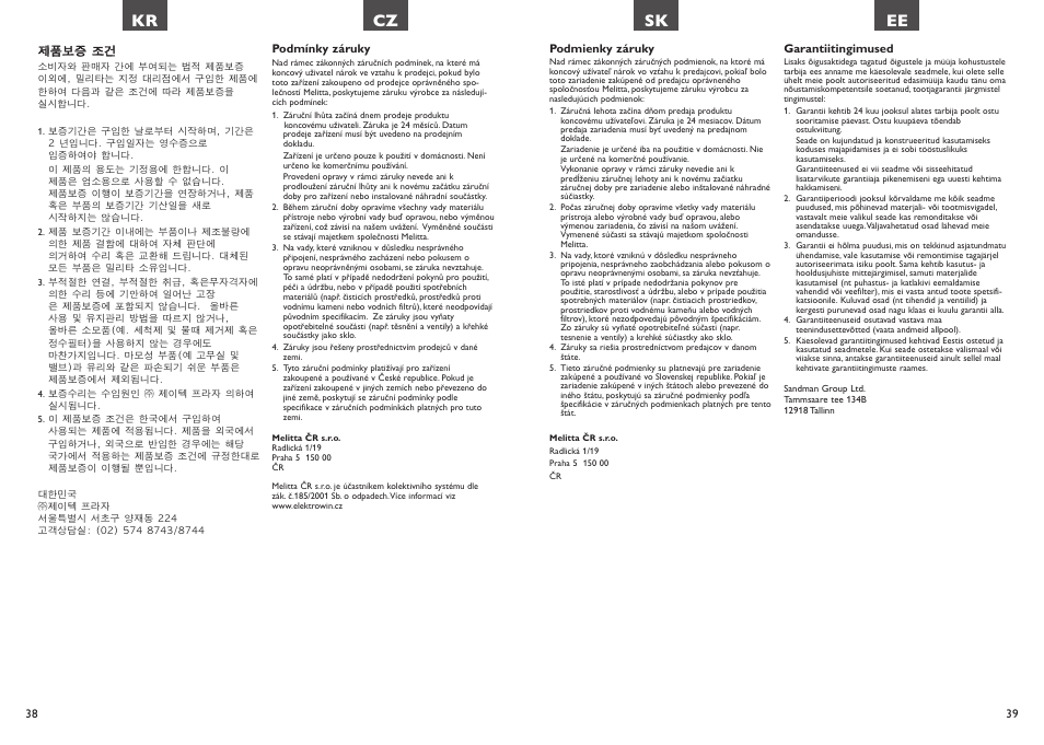 Sk ee, Kr cz | Melitta Look Aqua vario User Manual | Page 20 / 22