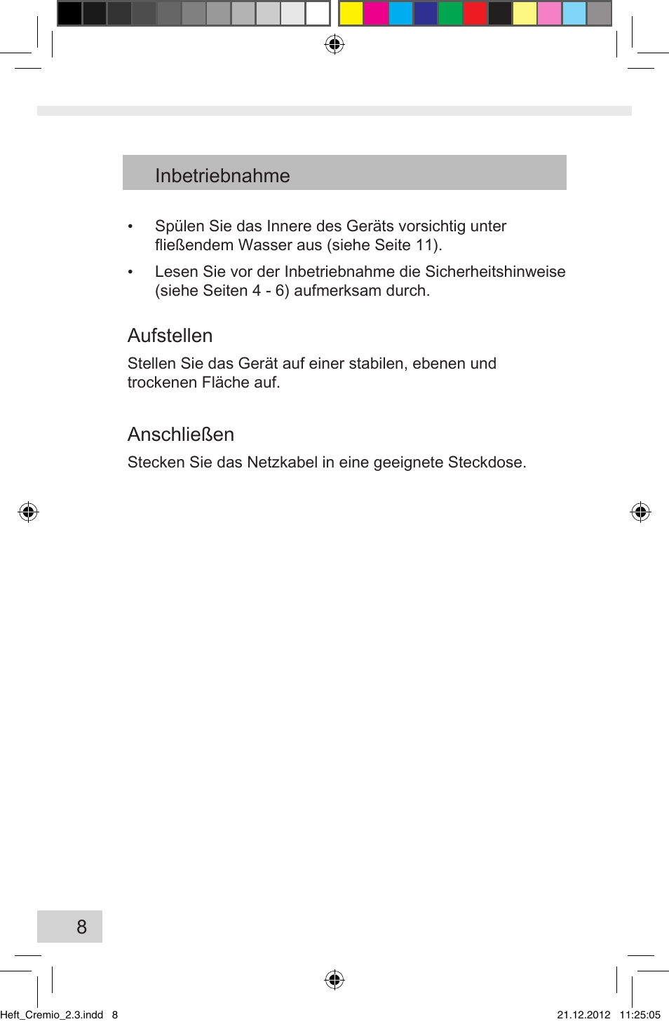 8inbetriebnahme, Aufstellen, Anschließen | Melitta Cremio User Manual | Page 10 / 172