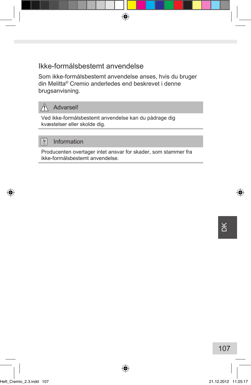107 ikke-formålsbestemt anvendelse | Melitta Cremio User Manual | Page 109 / 172