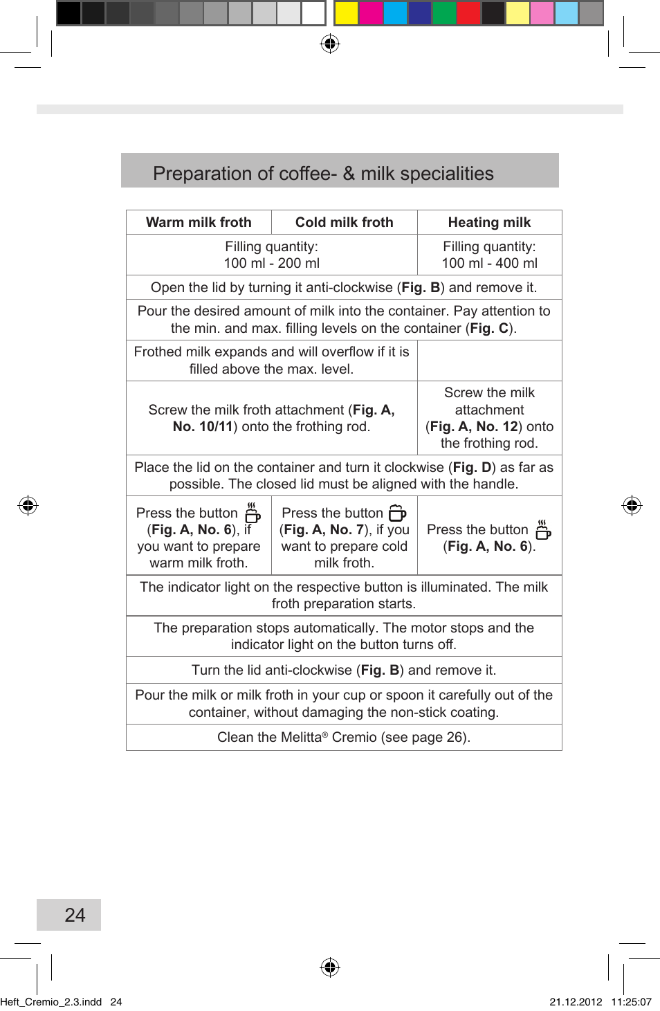 24 preparation of coffee- & milk specialities | Melitta Cremio User Manual | Page 26 / 172