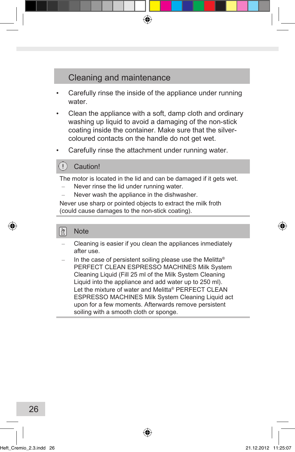 26 cleaning and maintenance | Melitta Cremio User Manual | Page 28 / 172