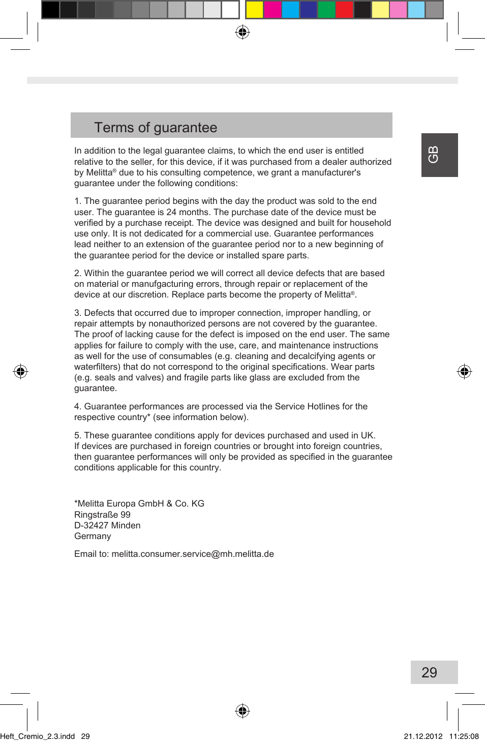 Terms of guarantee | Melitta Cremio User Manual | Page 31 / 172