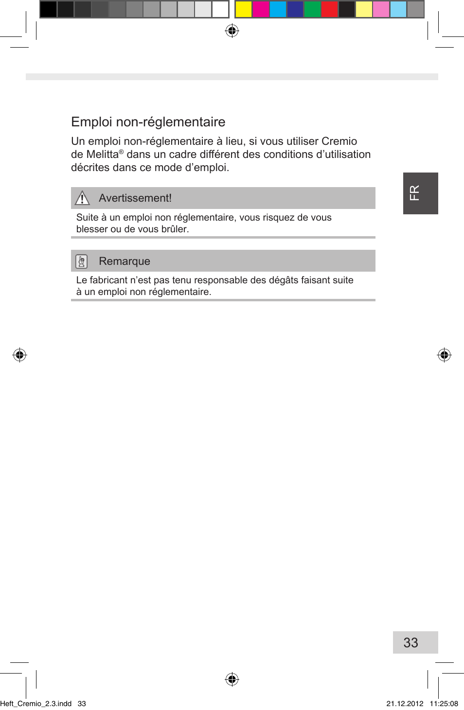 33 emploi non-réglementaire | Melitta Cremio User Manual | Page 35 / 172