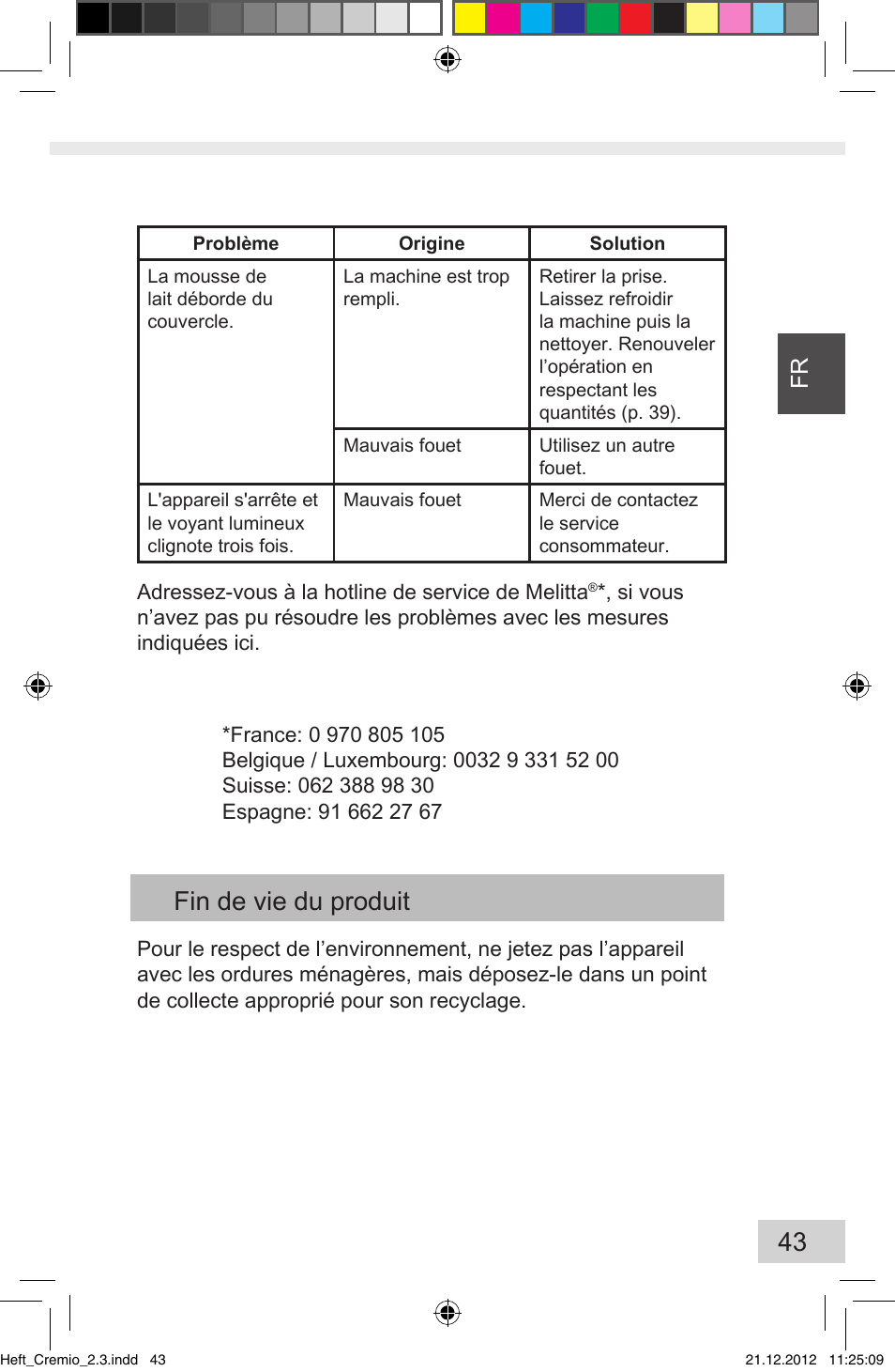 Fin de vie du produit | Melitta Cremio User Manual | Page 45 / 172