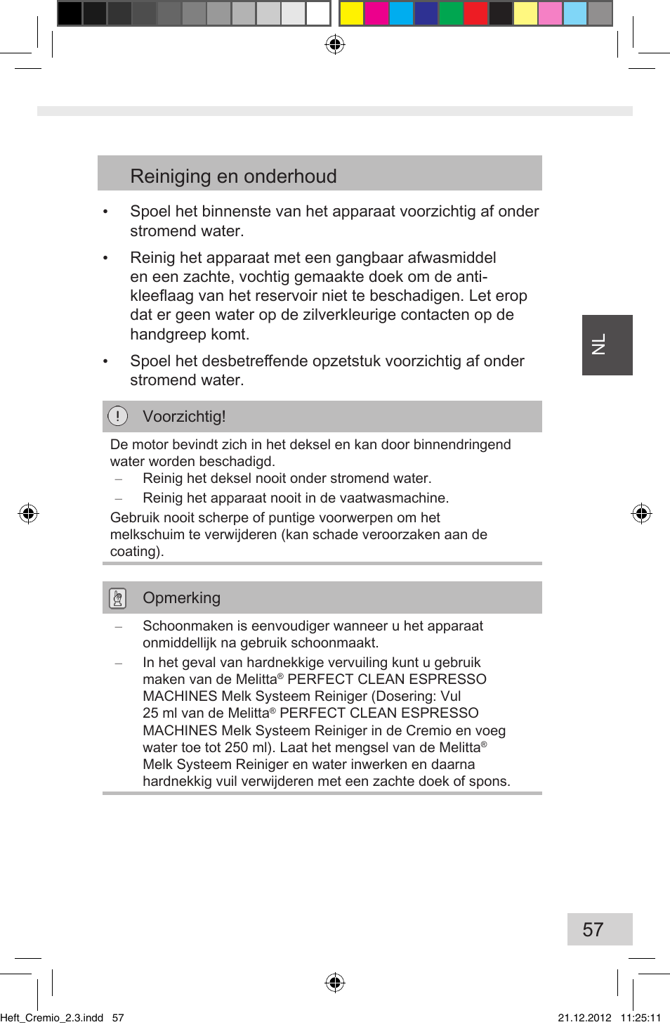 57 reiniging en onderhoud | Melitta Cremio User Manual | Page 59 / 172
