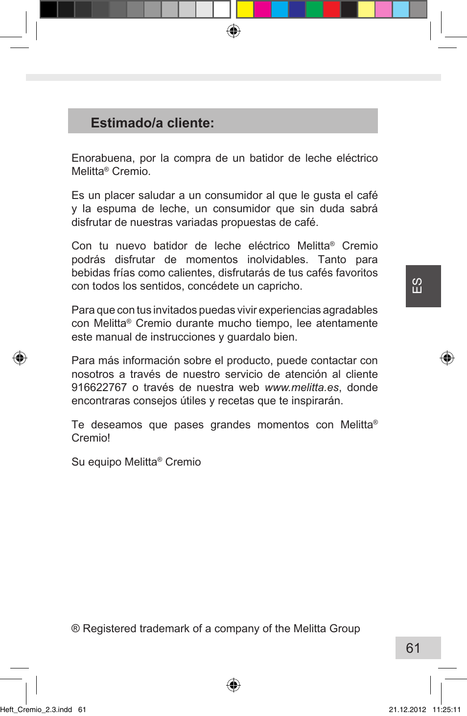 61 estimado/a cliente | Melitta Cremio User Manual | Page 63 / 172