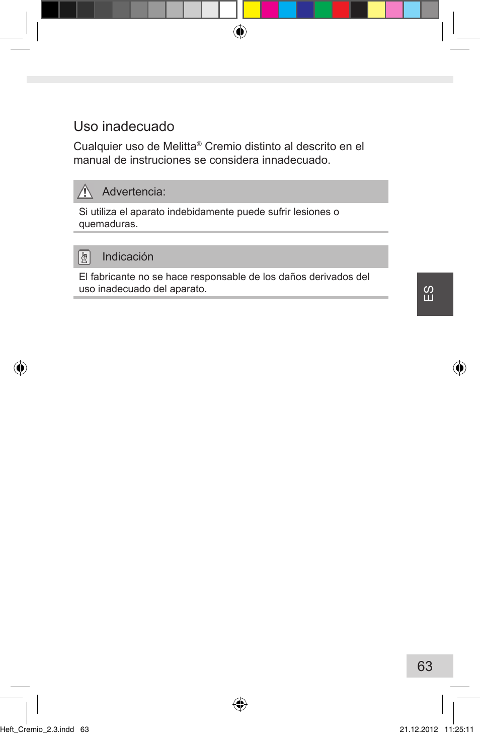 63 uso inadecuado | Melitta Cremio User Manual | Page 65 / 172