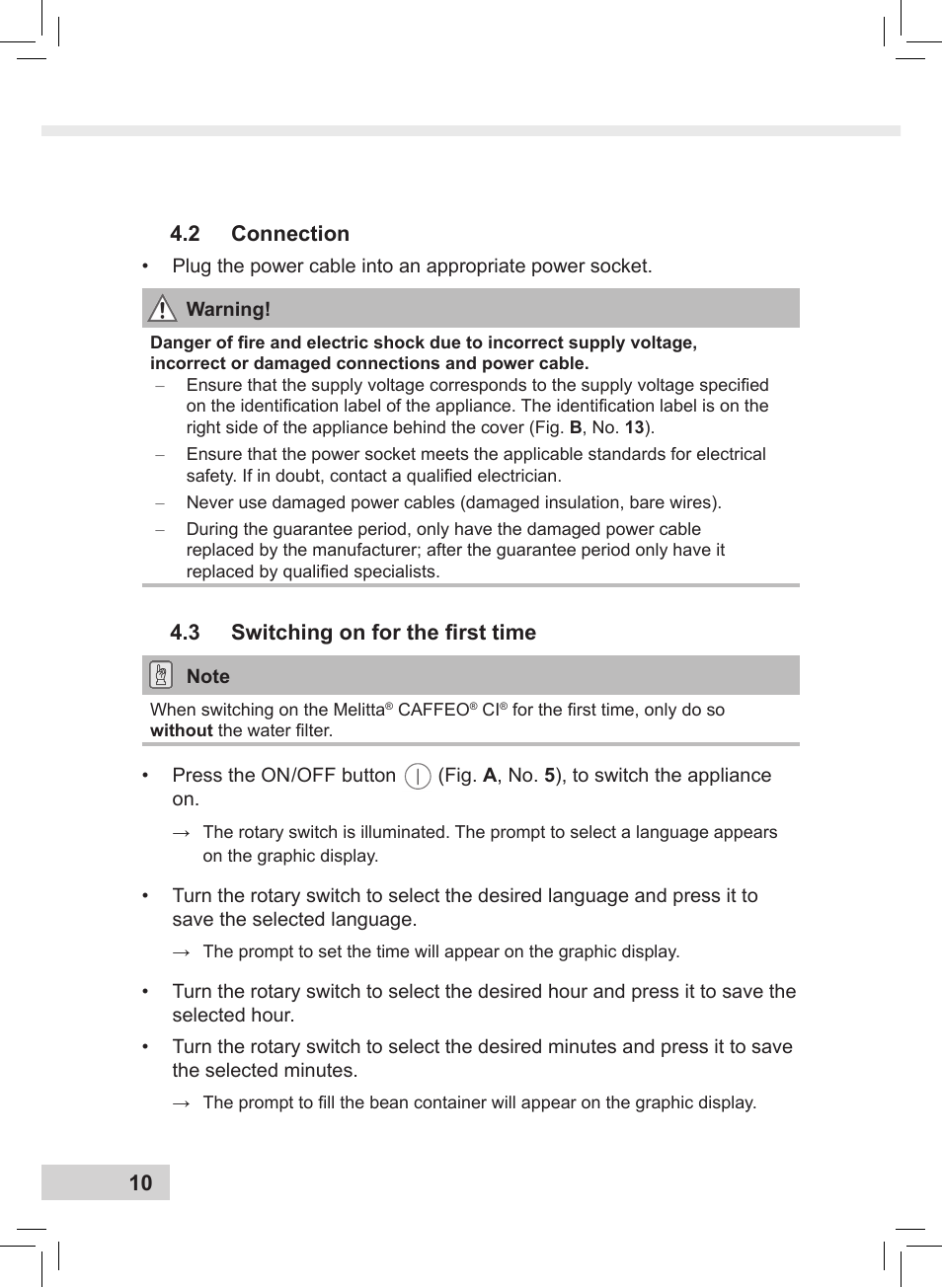 10 4.2 connection, 3 switching on for the first time | Melitta Caffeo CI User Manual | Page 12 / 240