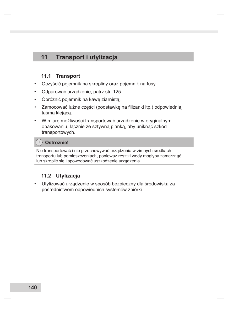 11 transport i utylizacja | Melitta Caffeo CI User Manual | Page 142 / 240