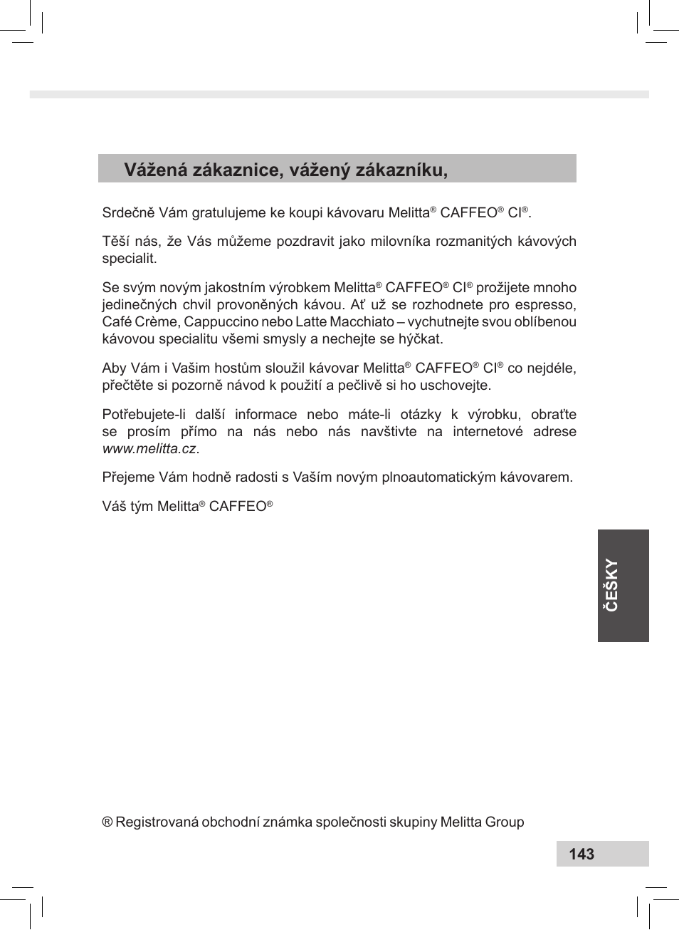 Vážená zákaznice, vážený zákazníku, Češky 143 | Melitta Caffeo CI User Manual | Page 145 / 240