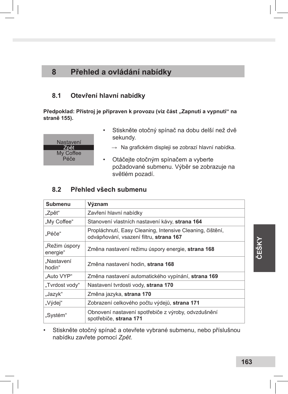 8přehled a ovládání nabídky | Melitta Caffeo CI User Manual | Page 165 / 240
