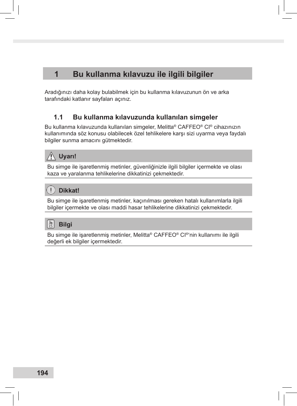 1bu kullanma kılavuzu ile ilgili bilgiler, 1 bu kullanma kılavuzunda kullanılan simgeler | Melitta Caffeo CI User Manual | Page 196 / 240