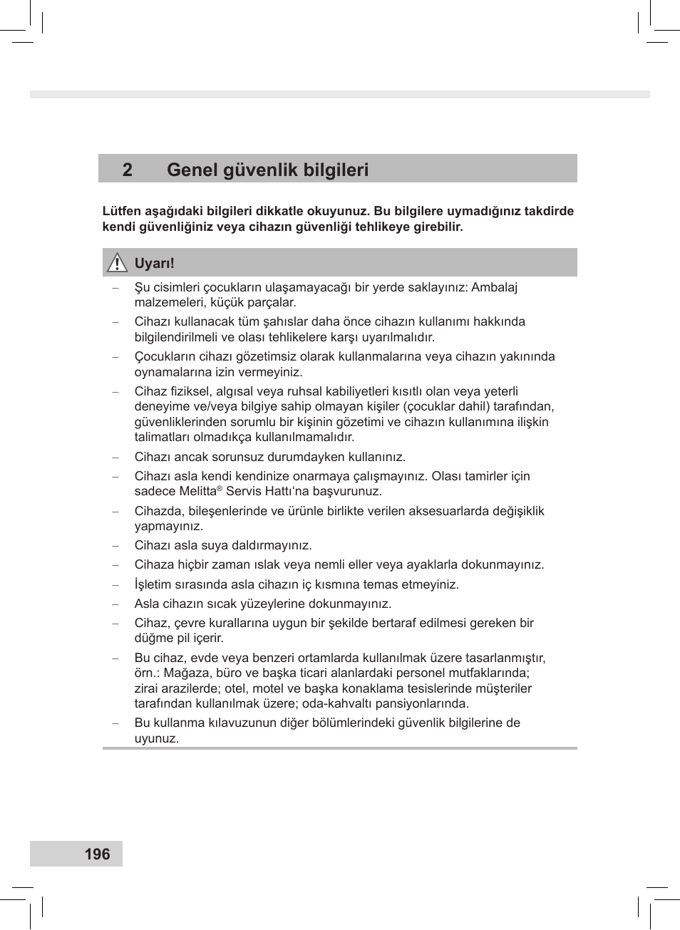 2genel güvenlik bilgileri | Melitta Caffeo CI User Manual | Page 198 / 240