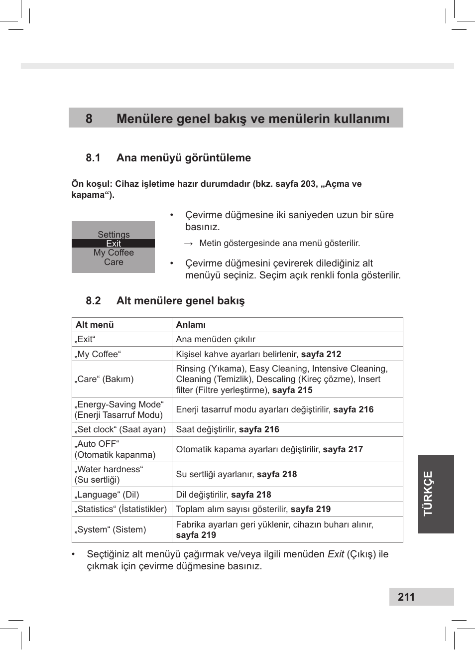 8menülere genel bakış ve menülerin kullanımı | Melitta Caffeo CI User Manual | Page 213 / 240