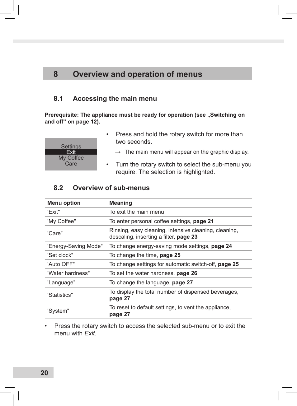 8overview and operation of menus | Melitta Caffeo CI User Manual | Page 22 / 240