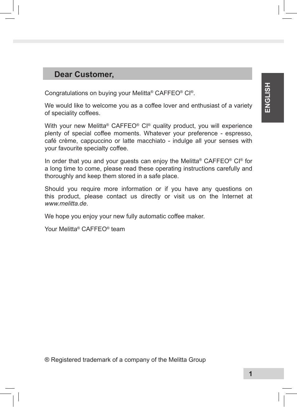 Dear customer, 1english | Melitta Caffeo CI User Manual | Page 3 / 240