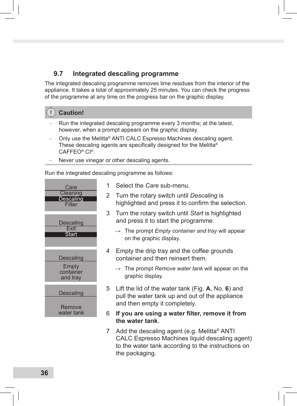 36 9.7 integrated descaling programme | Melitta Caffeo CI User Manual | Page 38 / 240