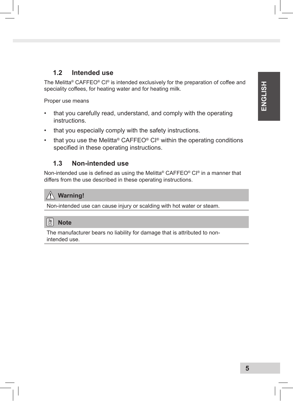 5english 1.2 intended use, 3 non-intended use | Melitta Caffeo CI User Manual | Page 7 / 240