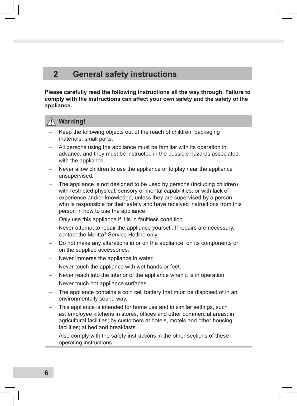 2general safety instructions | Melitta Caffeo CI User Manual | Page 8 / 240